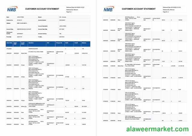 Tanzania NMB Bank account statement Word and PDF template, 2 pages